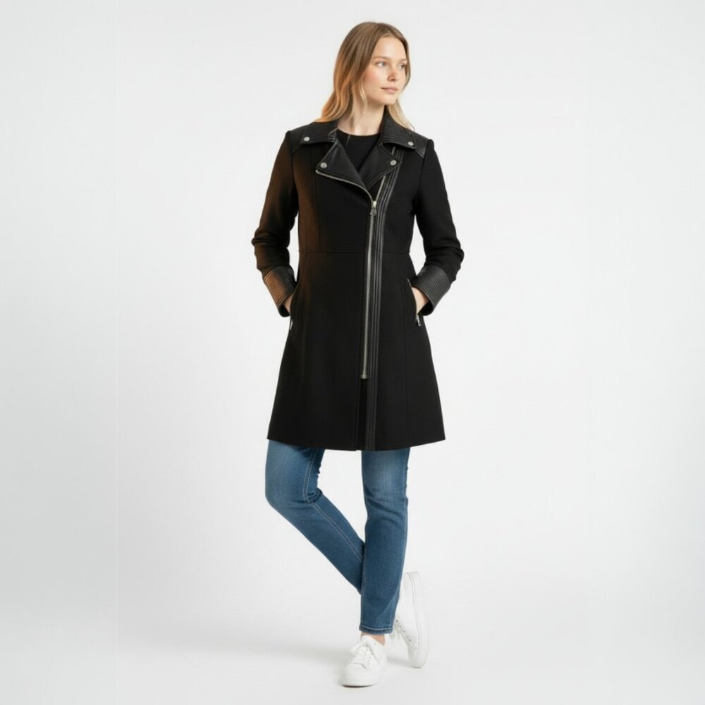 GUESS Wool Blend Asymmetric Zip Moto Coat Black Faux Leather Trim Size S